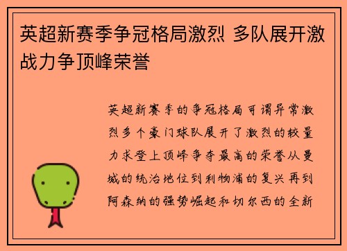 英超新赛季争冠格局激烈 多队展开激战力争顶峰荣誉