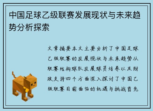 中国足球乙级联赛发展现状与未来趋势分析探索