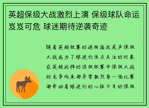 英超保级大战激烈上演 保级球队命运岌岌可危 球迷期待逆袭奇迹