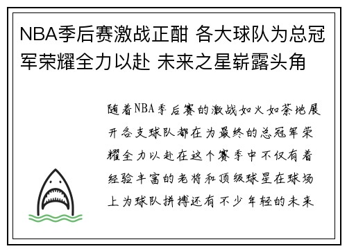 NBA季后赛激战正酣 各大球队为总冠军荣耀全力以赴 未来之星崭露头角