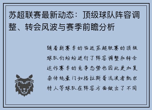 苏超联赛最新动态：顶级球队阵容调整、转会风波与赛季前瞻分析