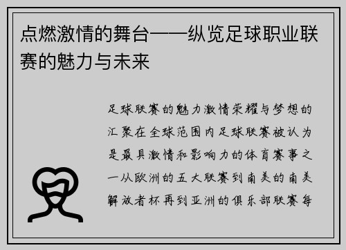 点燃激情的舞台——纵览足球职业联赛的魅力与未来