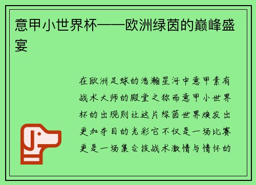 意甲小世界杯——欧洲绿茵的巅峰盛宴