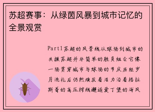 苏超赛事：从绿茵风暴到城市记忆的全景观赏
