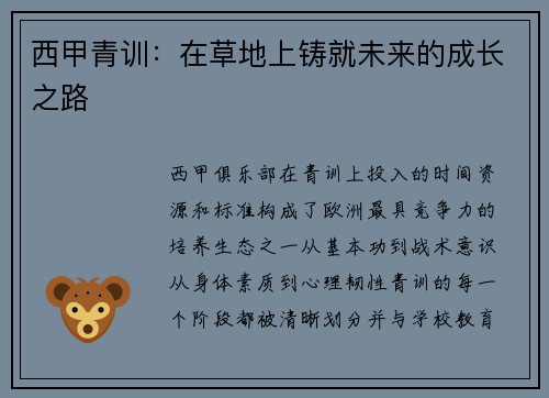 西甲青训：在草地上铸就未来的成长之路