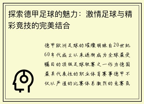 探索德甲足球的魅力：激情足球与精彩竞技的完美结合